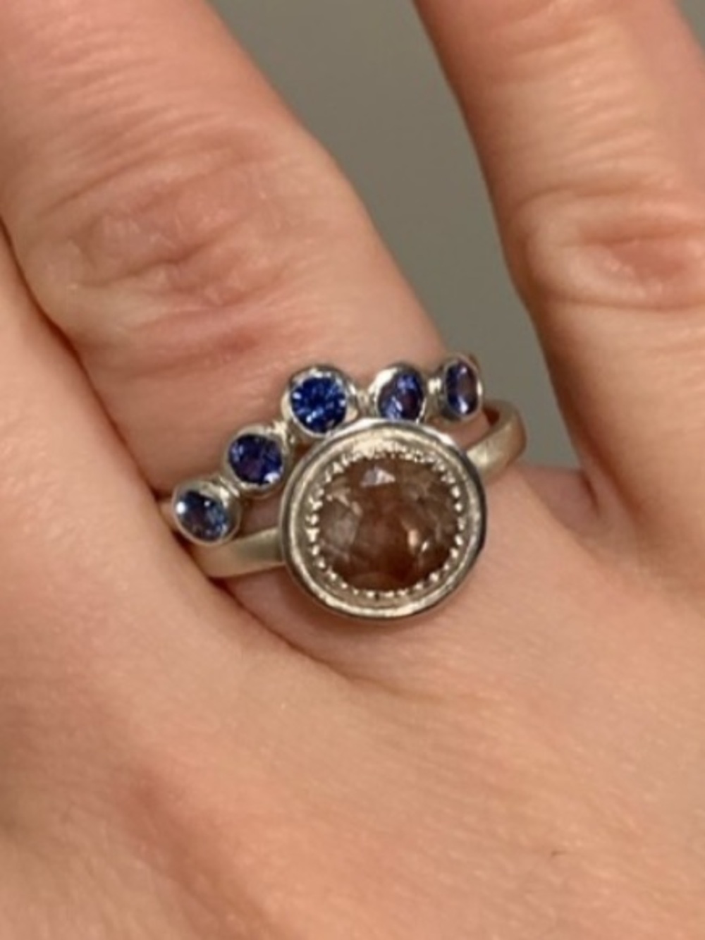 Elegant Genuine Oregon Sunstone and Blue Sapphire Custom Made Rings